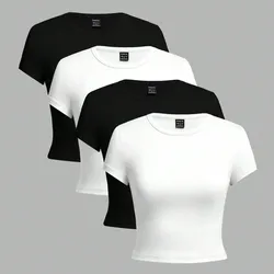 Camiseta casual minimalista de mujer con cuello redondo y ajustada