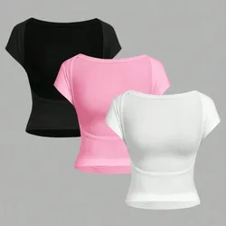 Set de 3 camisetas ajustadas de mujer de manga corta , cuello redondo y sin espalda