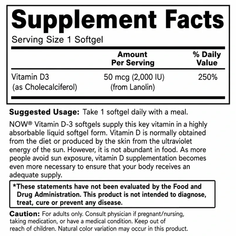 Vitamina D-3 2000 IU de alta potencia de NOW 30 CAPS