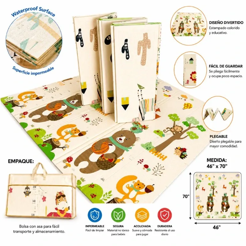 Alfombra Plegable Antigolpe Reversible para Bebé + Bolso (46" x 70")