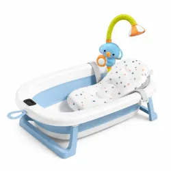 Bañera Plegable con Cojín, Sensor Térmico y Ducha Azul
