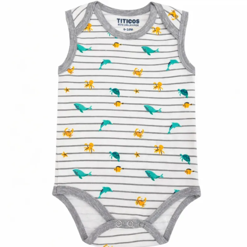 Body Blanco y Gris con Rayas y Animales Marinos para Bebé