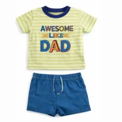 Conjunto Amarillo y Azul con Pullover de Rayas y Short para Bebé