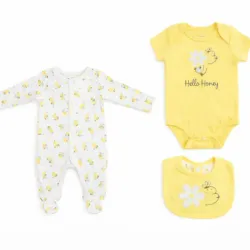 Conjunto Amarillo y Blanco con Body, Pantalón y Babero