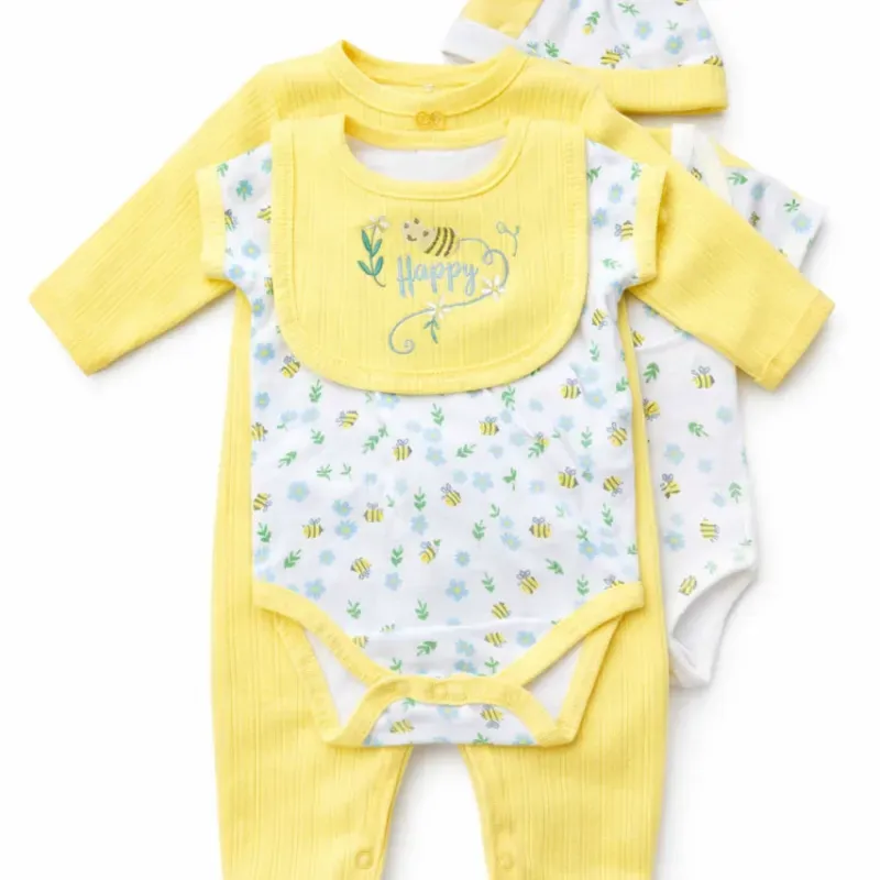 Conjunto Amarillo y Blanco con Body, Pijama, Babero y Gorro de Abejas para Bebé