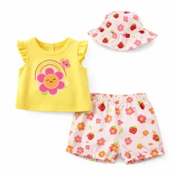 Conjunto Amarillo y Rosa con Blusa, Short y Sombrero de Flores 