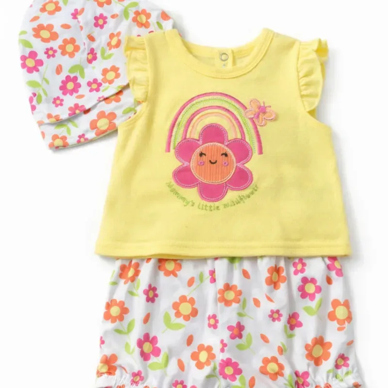 Conjunto Amarillo y Blanco con Top de Flor, Short y Sombrero para Bebé