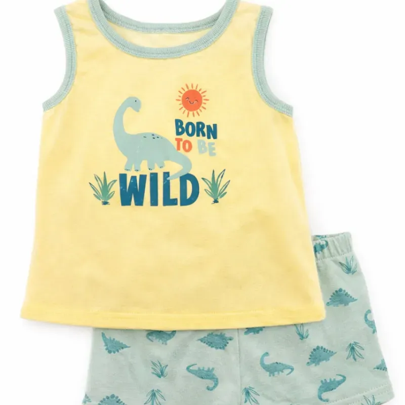 Conjunto Amarillo y Verde con Camiseta de Dinosaurio y Short para Niño