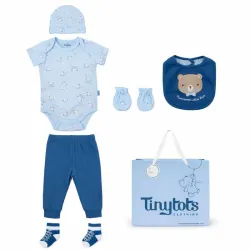 Conjunto Azul con Body, Gorro, Babero, Pantalón y Bolsa de Ositos para Bebé