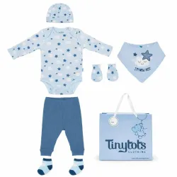 Conjunto Azul con Body, Pantalón y Accesorios de Nubes y Estrellas para Bebé