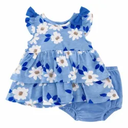 Conjunto Azul con Vestido de Margaritas y Cubrepañal 