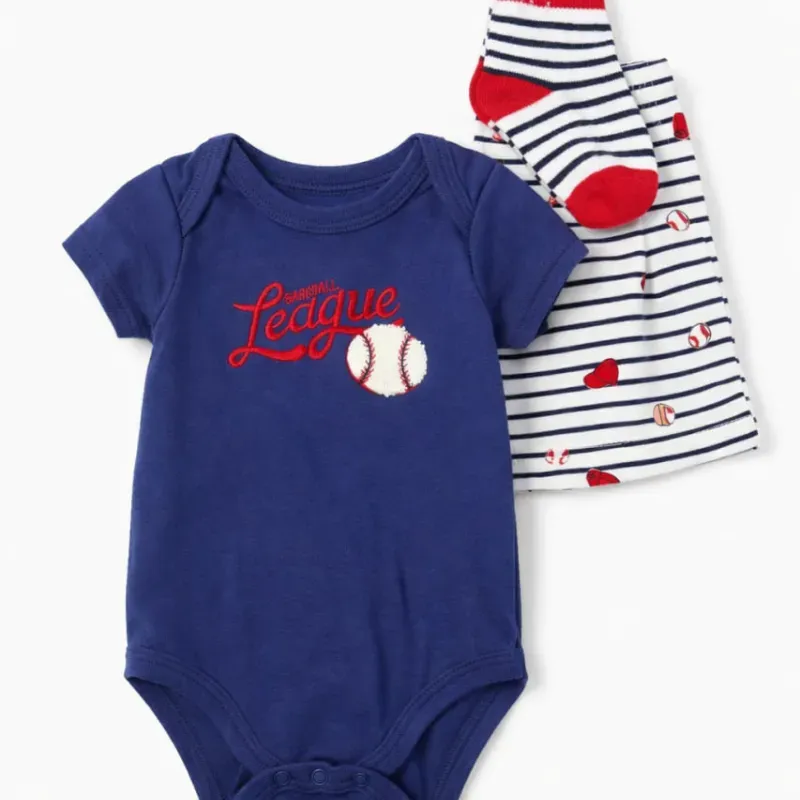 Conjunto Azul y Blanco con Body de Baseball, Pantalón y Calcetines de Rayas
