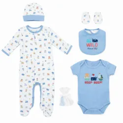 Conjunto Azul y Blanco con Body, Gorro, Babero y Accesorios para Bebé