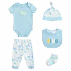 Conjunto Azul y Blanco con Body, Pantalón y Accesorios Dinosaurios para Bebé
