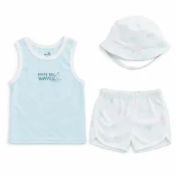 Conjunto Azul y Blanco con Camiseta, Short y Sombrero Tropical 