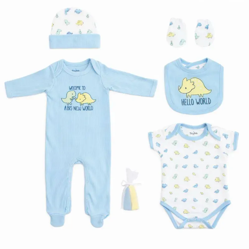 Conjunto Azul y Blanco con Pijama, Body y Accesorios de Dinosaurios para Bebé