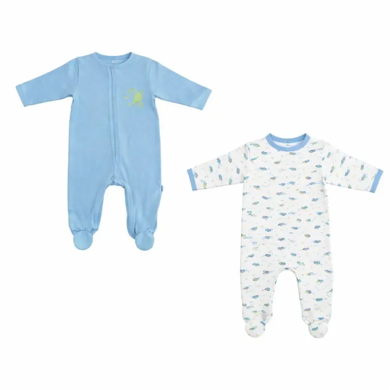 Conjunto Azul y Blanco con Pijama y Enterizo de Dinosaurios para Bebé