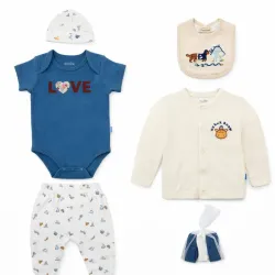 Conjunto Azul y Crema con Body, Pantalón, Gorro y Babero de Animalitos para Bebé