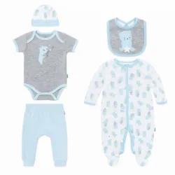 Conjunto Azul y Gris con Body, Pijama, Pantalón y Accesorios de Ositos para Bebé