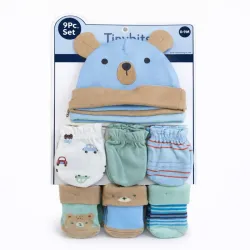 Conjunto Beige con Gorro de Osito, Manoplas y Medias para Bebé