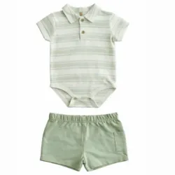 Conjunto Beige y Verde con Body Rayas y Short para Bebé