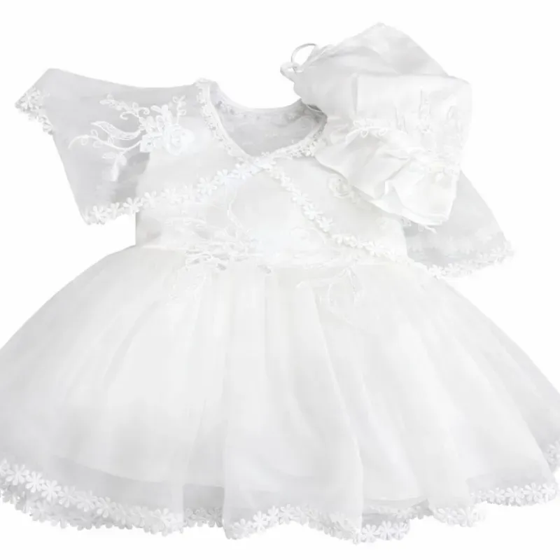 Conjunto Blanco de Vestido con Bordado Floral y Gorro para Bebé