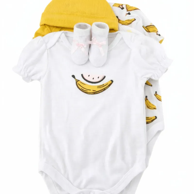Conjunto Blanco y Amarillo con Body de Plátano, Gorro y Accesorios para Bebé