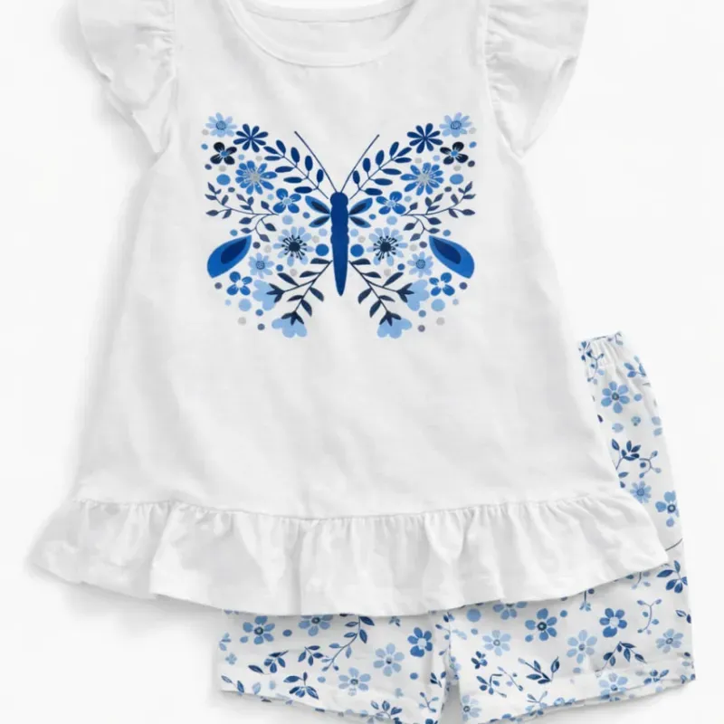 Conjunto Blanco y Azul con Blusa Mariposa y Short Floral para Bebé