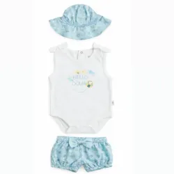 Conjunto Blanco y Azul con Body, Cubrepañal y Sombrero de Abejitas para Bebé