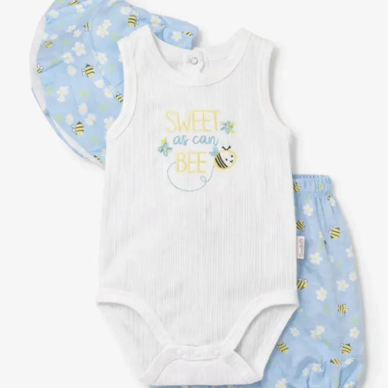 Conjunto Blanco y Azul con Body, Cubrepañal y Sombrero de Abejitas para Bebé