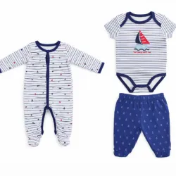 Conjunto Blanco y Azul con Body de Rayas y Pantalón Anclas para Bebé