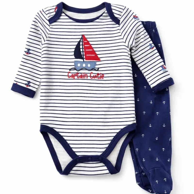 Conjunto Blanco y Azul con Body de Rayas y Pantalón Anclas para Bebé
