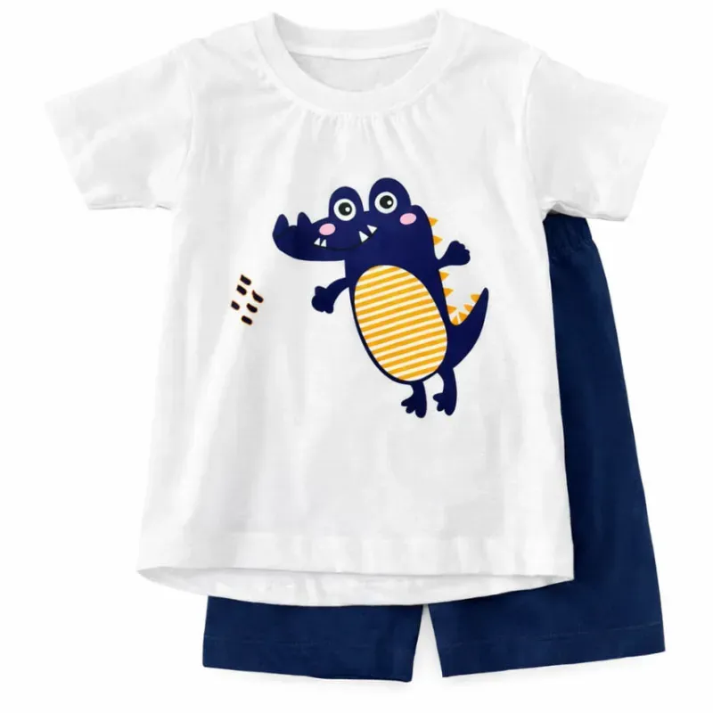 Conjunto Blanco y Azul con Camiseta de Cocodrilo y Short para Bebé