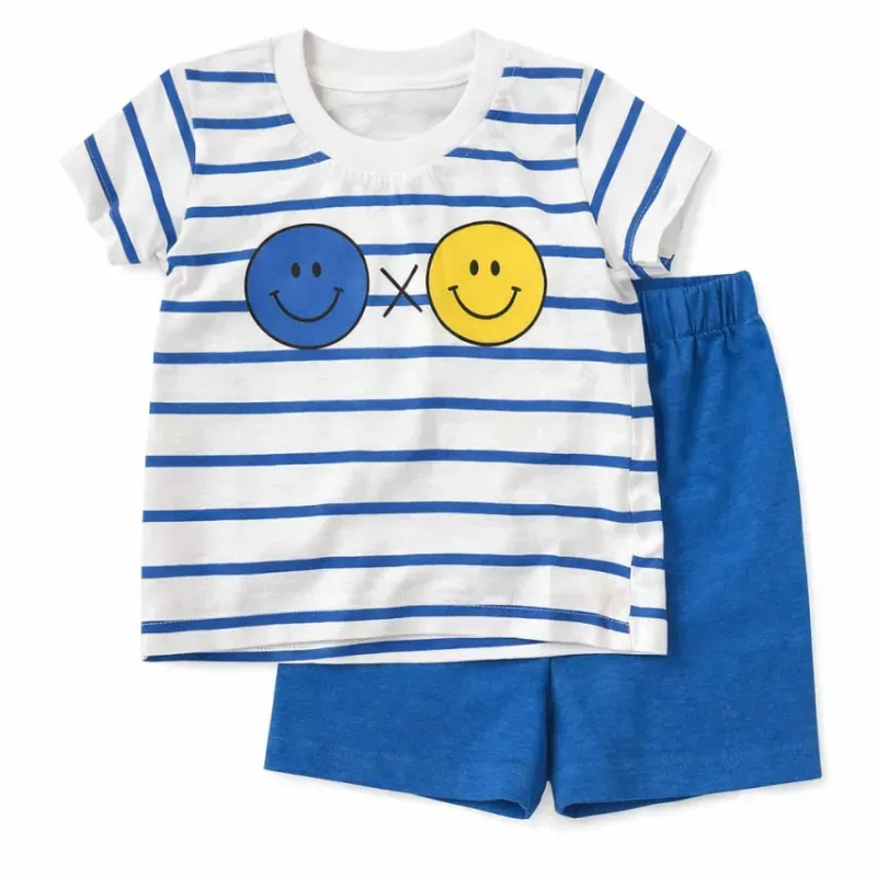 Conjunto Blanco y Azul con Camiseta de Rayas y Short para Bebé