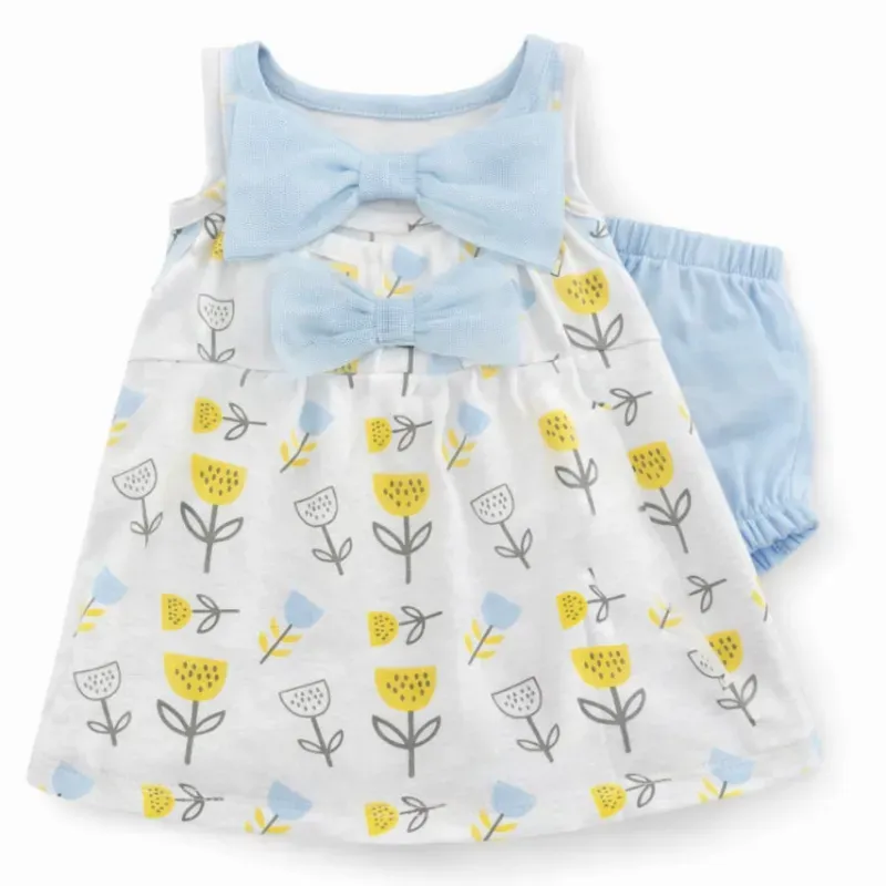 Conjunto Blanco y Azul con Vestido y Cubrepañal Floral para Bebé