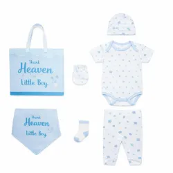 Conjunto Blanco y Celeste con Body, Gorro, Medias y Guantes para Bebé