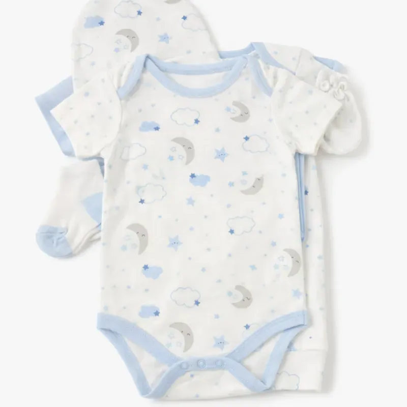 Conjunto Blanco y Celeste con Body, Gorro, Medias y Guantes para Bebé