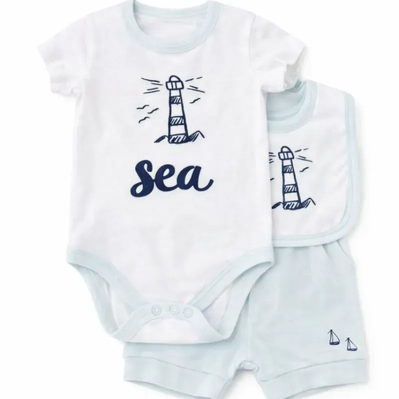 Conjunto Blanco y Celeste con Body, Short y Babero para Bebé