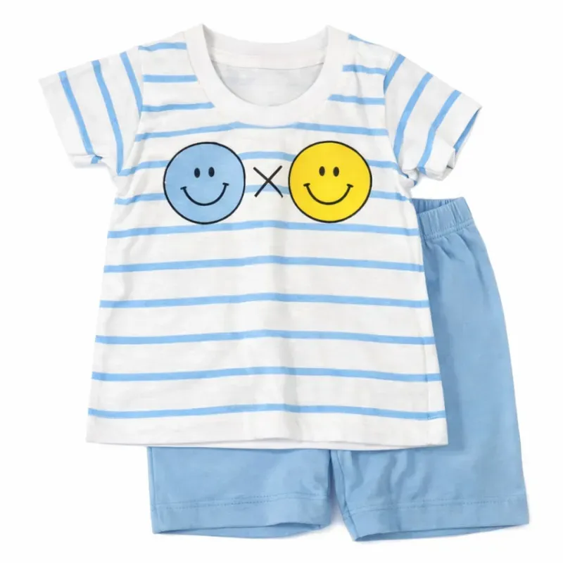 Conjunto Blanco y Celeste con Camiseta de Rayas y Short para Bebé