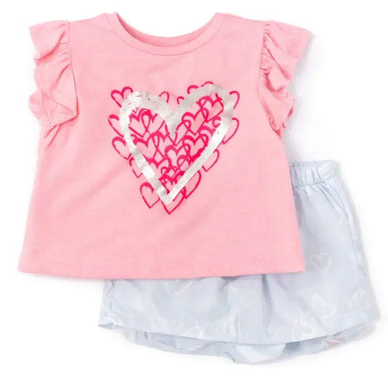Conjunto Blanco y Fucsia de Camiseta con Corazones y Short para Bebé