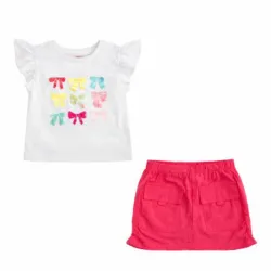 Conjunto Blanco y Fucsia de Pullover con Lazos y Saya 