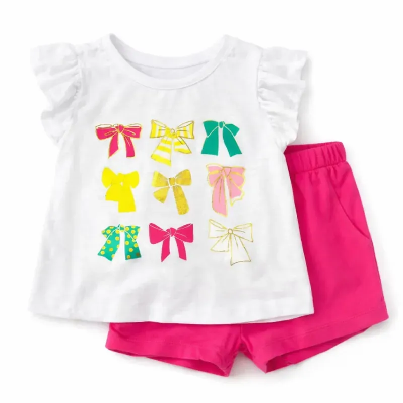 Conjunto Blanco y Fucsia de Camiseta con Lazos y Short para Bebé