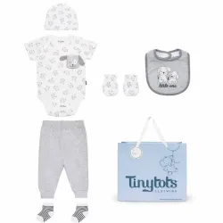 Conjunto Blanco y Gris con Body, Pantalón, Gorro, Babero y Bolso de Perritos para Bebé