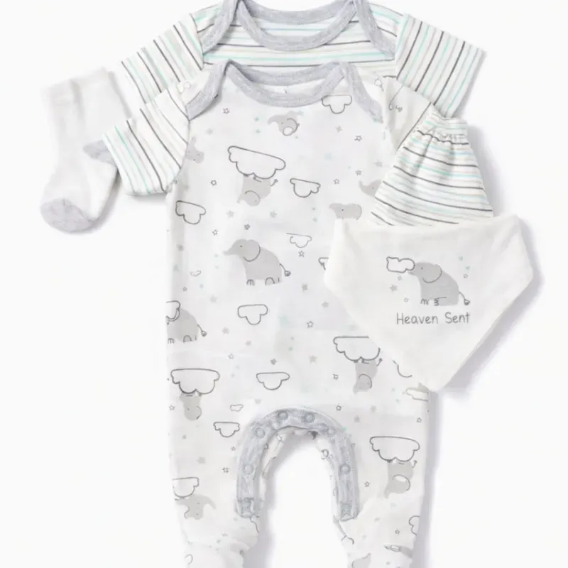 Conjunto Blanco y Gris con Body Rayas, Enterizo de Elefantes y Babero para Bebé