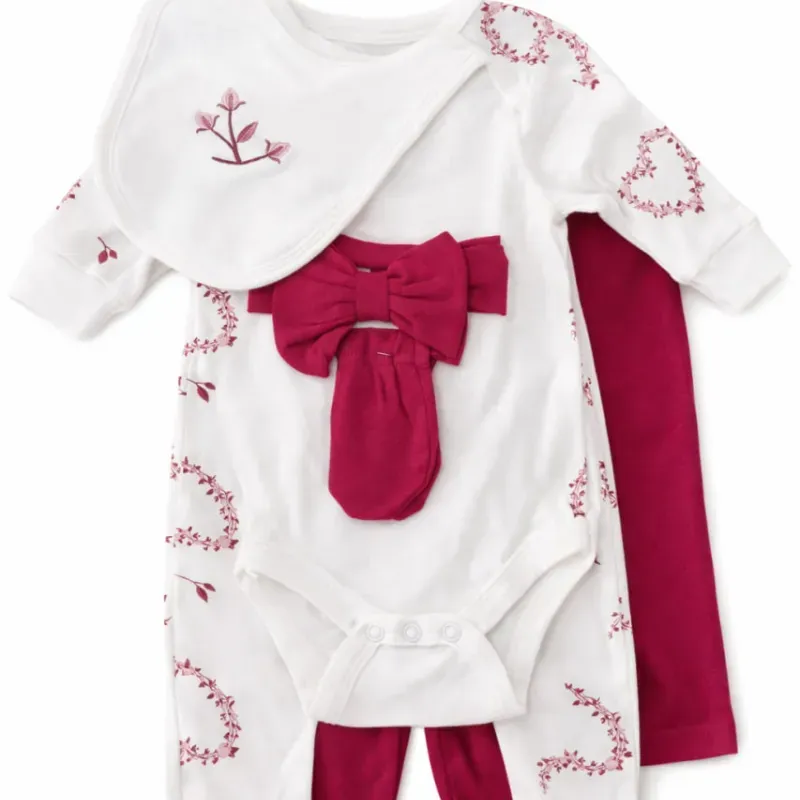 Conjunto Blanco y Guinda con Body, Pantalón, Babero y Moño Floral para Bebé