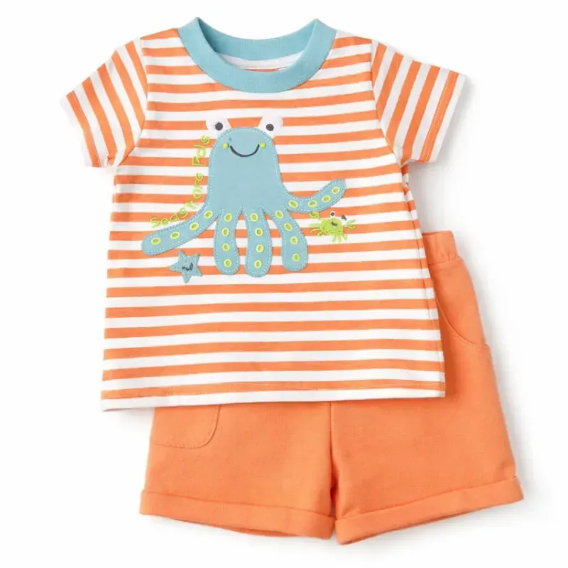 Conjunto Blanco y Naranja con Camiseta de Rayas y Short para Bebé