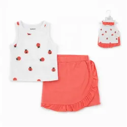 Conjunto Blanco y Naranja con Top de Mariquitas y Falda