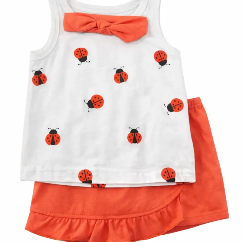 Conjunto Blanco y Naranja con Top de Mariquitas y Falda para Bebé