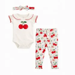 Conjunto Blanco y Rojo con Body, Bloomers y Cinta de Cerezas para Bebé