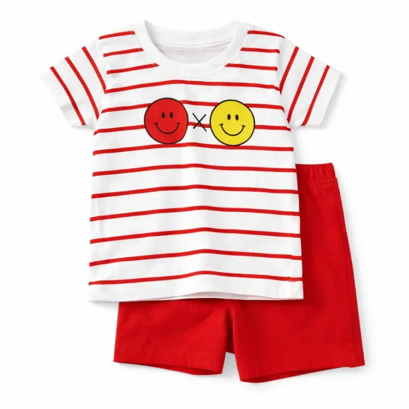 Conjunto Blanco y Rojo con Camiseta de Rayas y Short para Bebé